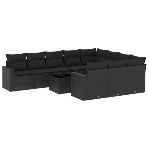 11-Piece Garden Sofa Set with Cushions Black Poly Rattan Wicker Outdoor Patio Furniture