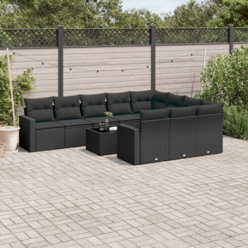 11-Piece Garden Sofa Set with Cushions Black Poly Rattan Wicker Outdoor Patio Furniture - Image 2