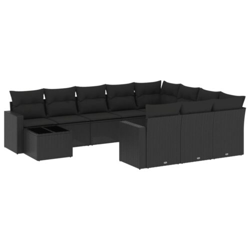 11-Piece Garden Sofa Set with Cushions Black Poly Rattan Wicker Outdoor Patio Furniture