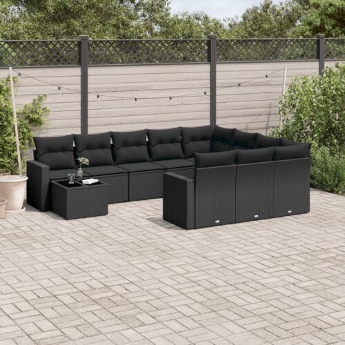 11-Piece Garden Sofa Set with Cushions Black Poly Rattan Wicker Outdoor Patio Furniture - Image 2
