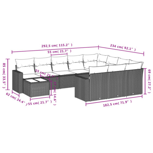11-Piece Garden Sofa Set with Cushions Black Poly Rattan Wicker Outdoor Patio Furniture - Image 8