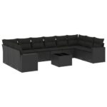 11-Piece Garden Sofa Set with Cushions Black Poly Rattan Wicker Outdoor Patio Furniture