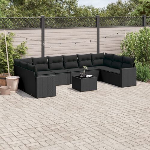 11-Piece Garden Sofa Set with Cushions Black Poly Rattan Wicker Outdoor Patio Furniture - Image 2