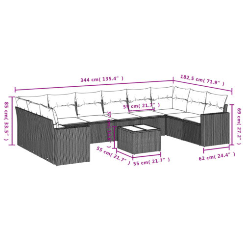 11-Piece Garden Sofa Set with Cushions Black Poly Rattan Wicker Outdoor Patio Furniture - Image 8