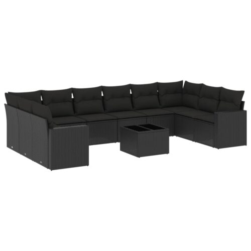 11-Piece Garden Sofa Set with Cushions Black Poly Rattan Wicker Outdoor Patio Furniture - Image 14