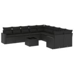 11-Piece Garden Sofa Set with Cushions Black Poly Rattan Wicker Outdoor Patio Furniture