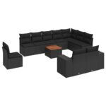 11-Piece Garden Sofa Set with Cushions Black Poly Rattan Wicker Outdoor Patio Furniture