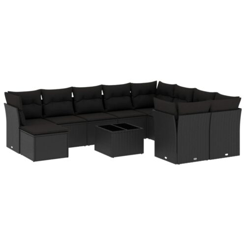 11-Piece Garden Sofa Set with Cushions Black Poly Rattan Wicker Outdoor Patio Furniture - Image 5