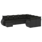 10-Piece Garden Sofa Set with Cushions Black Poly Rattan Wicker Outdoor Patio Furniture