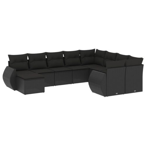 10-Piece Garden Sofa Set with Cushions Black Poly Rattan Wicker Outdoor Patio Furniture