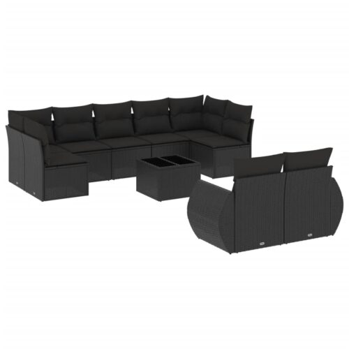 10-Piece Garden Sofa Set with Cushions Black Poly Rattan Wicker Outdoor Patio Furniture - Image 5