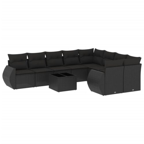 10-Piece Garden Sofa Set with Cushions Black Poly Rattan Wicker Outdoor Patio Furniture