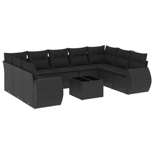10-Piece Garden Sofa Set with Cushions Black Poly Rattan Wicker Outdoor Patio Furniture - Image 5