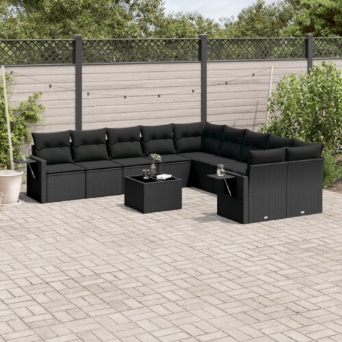 11-Piece Garden Sofa Set with Cushions Black Poly Rattan Wicker Outdoor Patio Furniture - Image 2