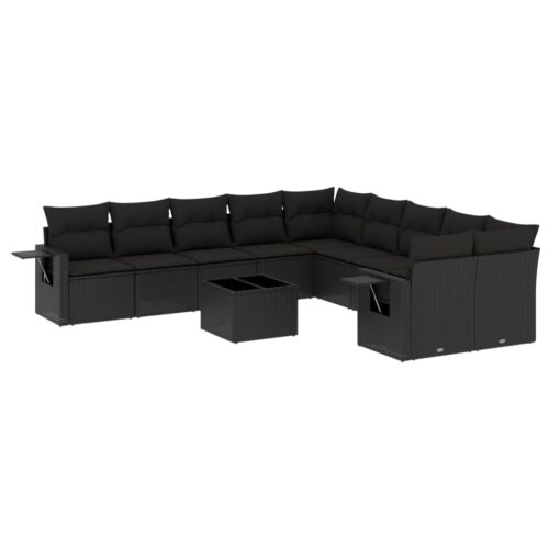 11-Piece Garden Sofa Set with Cushions Black Poly Rattan Wicker Outdoor Patio Furniture - Image 14