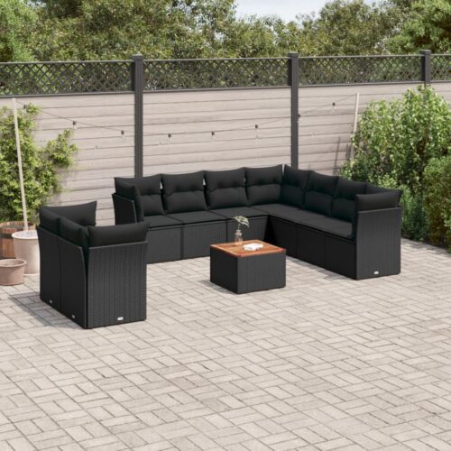 10-Piece Garden Sofa Set with Cushions Black Poly Rattan Wicker Outdoor Patio Furniture - Image 2