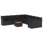 11-Piece Garden Sofa Set with Cushions Black Poly Rattan Wicker Outdoor Patio Furniture