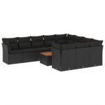 11-Piece Garden Sofa Set with Cushions Black Poly Rattan Wicker Outdoor Patio Furniture