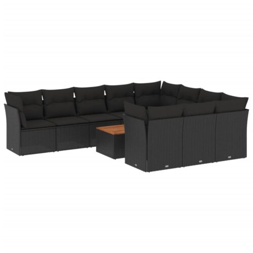 11-Piece Garden Sofa Set with Cushions Black Poly Rattan Wicker Outdoor Patio Furniture