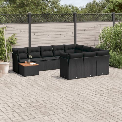 11-Piece Garden Sofa Set with Cushions Black Poly Rattan Wicker Outdoor Patio Furniture - Image 2