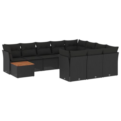 11-Piece Garden Sofa Set with Cushions Black Poly Rattan Wicker Outdoor Patio Furniture - Image 5