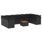 11-Piece Garden Sofa Set with Cushions Black Poly Rattan Wicker Outdoor Patio Furniture