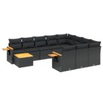 11-Piece Garden Sofa Set with Cushions Black Poly Rattan Wicker Outdoor Patio Furniture