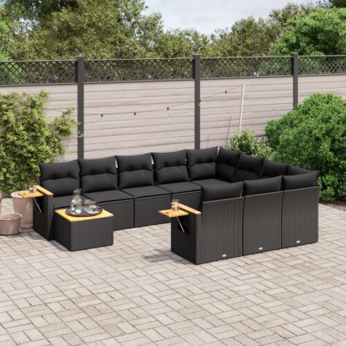 11-Piece Garden Sofa Set with Cushions Black Poly Rattan Wicker Outdoor Patio Furniture - Image 2
