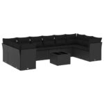 11-Piece Garden Sofa Set with Cushions Black Poly Rattan Wicker Outdoor Patio Furniture