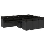 11-Piece Garden Sofa Set with Cushions Black Poly Rattan Wicker Outdoor Patio Furniture