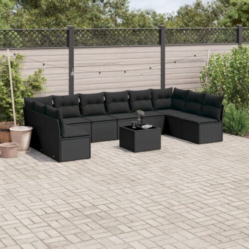 11-Piece Garden Sofa Set with Cushions Black Poly Rattan Wicker Outdoor Patio Furniture - Image 2