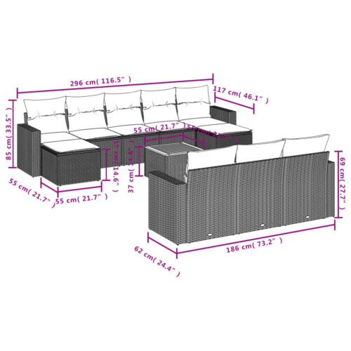 11-Piece Garden Sofa Set with Cushions Black Poly Rattan Wicker Outdoor Patio Furniture - Image 11