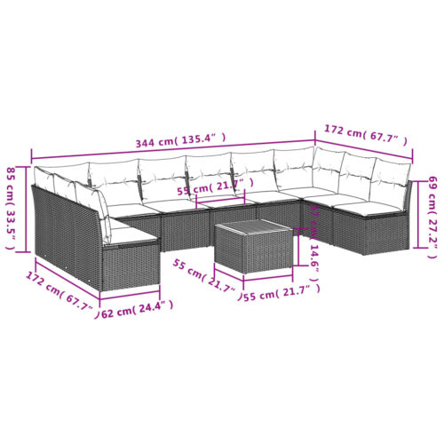 11-Piece Garden Sofa Set with Cushions Black Poly Rattan Wicker Outdoor Patio Furniture - Image 10