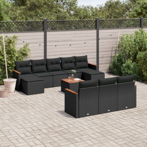 11-Piece Garden Sofa Set with Cushions Black Poly Rattan Wicker Outdoor Patio Furniture - Image 2