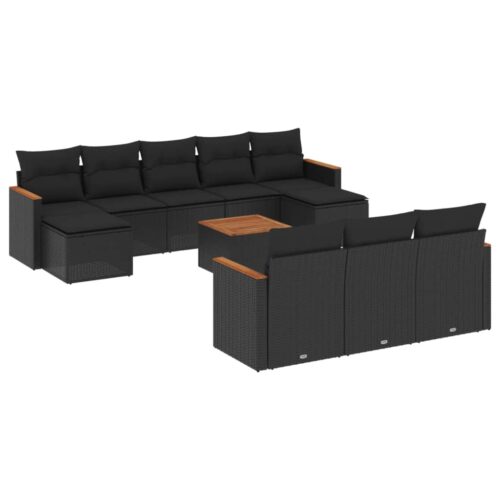 11-Piece Garden Sofa Set with Cushions Black Poly Rattan Wicker Outdoor Patio Furniture - Image 5