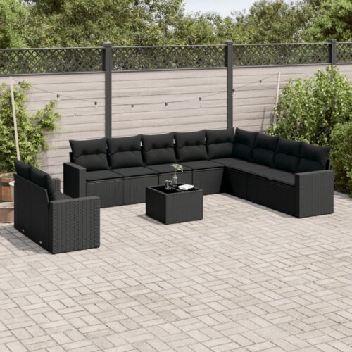 11-Piece Garden Sofa Set with Cushions Black Poly Rattan Wicker Outdoor Patio Furniture - Image 2