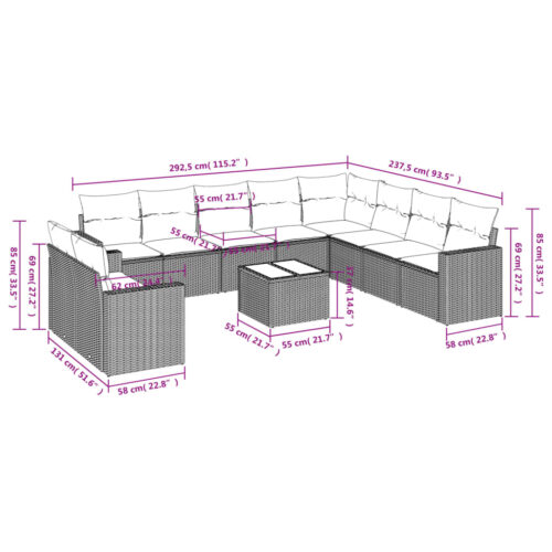 11-Piece Garden Sofa Set with Cushions Black Poly Rattan Wicker Outdoor Patio Furniture - Image 3