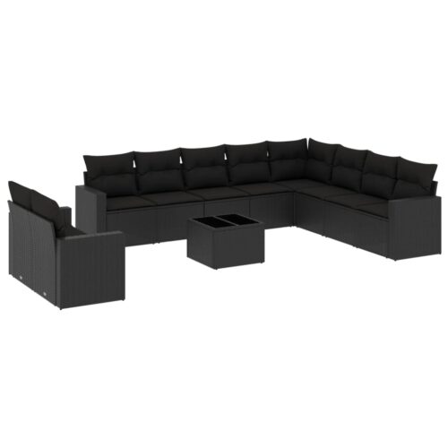 11-Piece Garden Sofa Set with Cushions Black Poly Rattan Wicker Outdoor Patio Furniture - Image 5