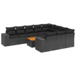 11-Piece Garden Sofa Set with Cushions Black Poly Rattan Wicker Outdoor Patio Furniture