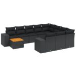 11-Piece Garden Sofa Set with Cushions Black Poly Rattan Wicker Outdoor Patio Furniture