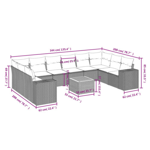11-Piece Garden Sofa Set with Cushions Black Poly Rattan Wicker Outdoor Patio Furniture - Image 9