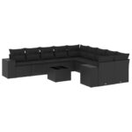 11-Piece Garden Sofa Set with Cushions Black Poly Rattan Wicker Outdoor Patio Furniture