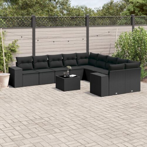 11-Piece Garden Sofa Set with Cushions Black Poly Rattan Wicker Outdoor Patio Furniture - Image 2