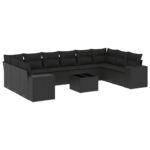 11-Piece Garden Sofa Set with Cushions Black Poly Rattan Wicker Outdoor Patio Furniture
