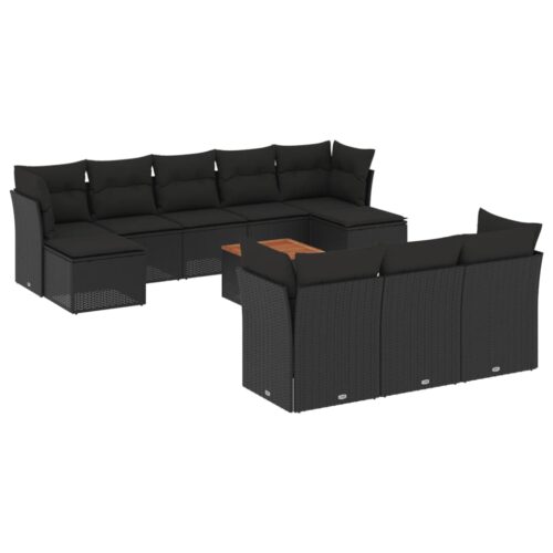 11-Piece Garden Sofa Set with Cushions Black Poly Rattan Wicker Outdoor Patio Furniture