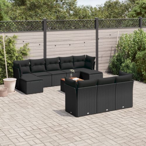 11-Piece Garden Sofa Set with Cushions Black Poly Rattan Wicker Outdoor Patio Furniture - Image 2