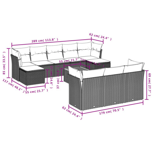 11-Piece Garden Sofa Set with Cushions Black Poly Rattan Wicker Outdoor Patio Furniture - Image 10