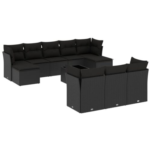 11-Piece Garden Sofa Set with Cushions Black Poly Rattan Wicker Outdoor Patio Furniture