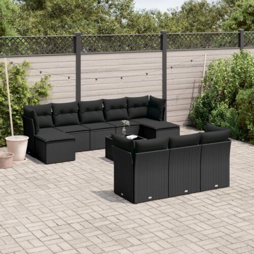 11-Piece Garden Sofa Set with Cushions Black Poly Rattan Wicker Outdoor Patio Furniture - Image 2