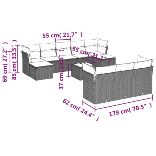 11-Piece Garden Sofa Set with Cushions Black Poly Rattan Wicker Outdoor Patio Furniture - Image 3